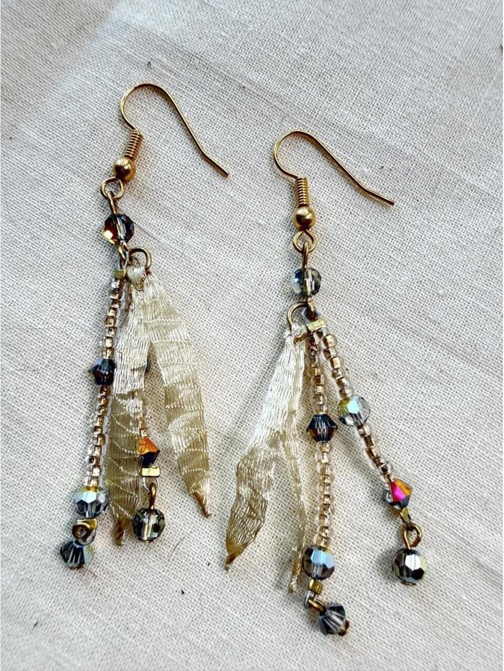 Gold Metallic Ribbon and Crystal Dangle Earrings